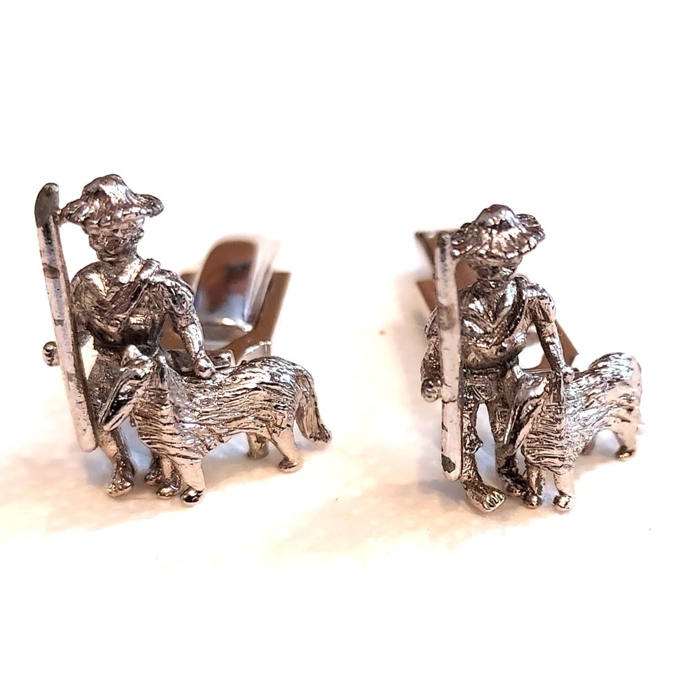 Vintage Sarah Cov Hunter & Bird Dog Cufflinks Silver tone 3D 1950s 1959